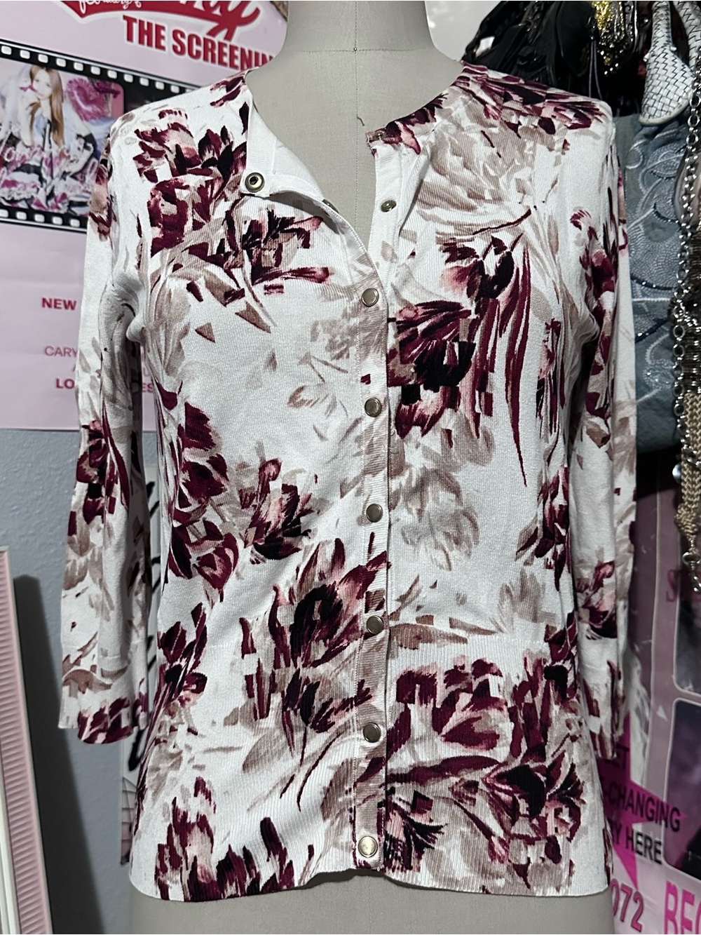 White House Black Market white, burgundy & taupe floral cardigan Size S